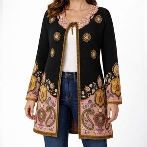 Max Sport LA Women Black Coral Paisley Open Front Cardigan Duster Sweater XL NWT